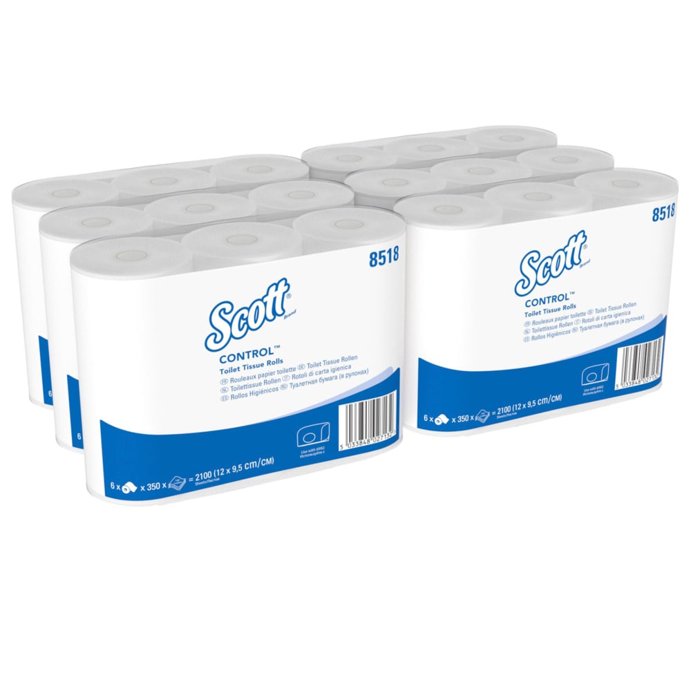 Έξι συσκευασίες χαρτιού υγείας Scott® Control™ της Kimberly-Clark GmbH με έξι μικρούς λευκούς ρολούς (350 φύλλα ανά ρολό) είναι τοποθετημένες σε μονόχρωμο λευκό φόντο για να τονίσουν την υγιεινή και την καθαριότητα.
