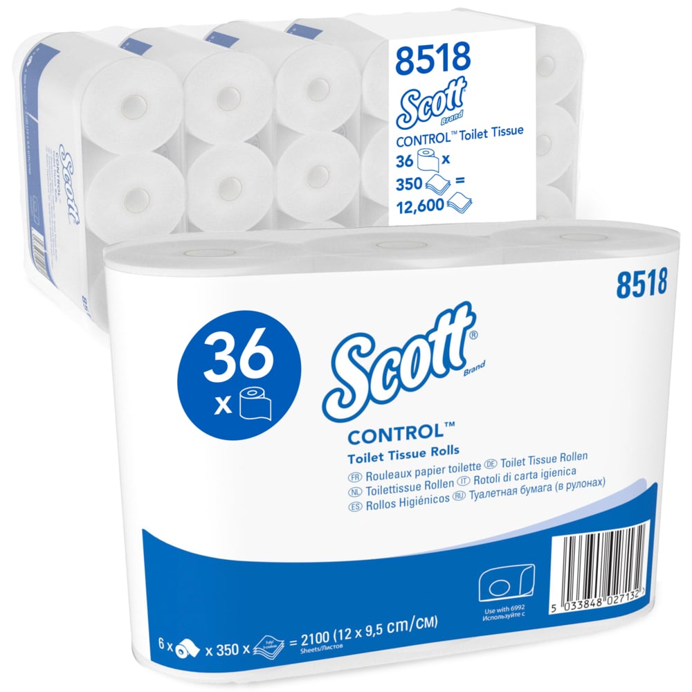 Μια συσκευασία χαρτιού υγείας Scott® Control™ της Kimberly-Clark GmbH περιέχει 6 πακέτα με 6 λευκούς ρολούς των 350 φύλλων η κάθε μία· η συσκευασία τονίζει την υγιεινή και παρουσιάζει λεπτομέρειες του προϊόντος.
