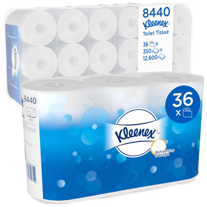 Ένα κουτί της Kimberly-Clark GmbH με έξι συσκευασίες Kleenex® χαρτί υγείας με 6 λευκά ρολά το καθένα (350 φύλλα ανά ρολό), συνολικά 36 ρολά και 12.600 φύλλα. η συσκευασία είναι σχεδιασμένη σε λευκό-μπλε.