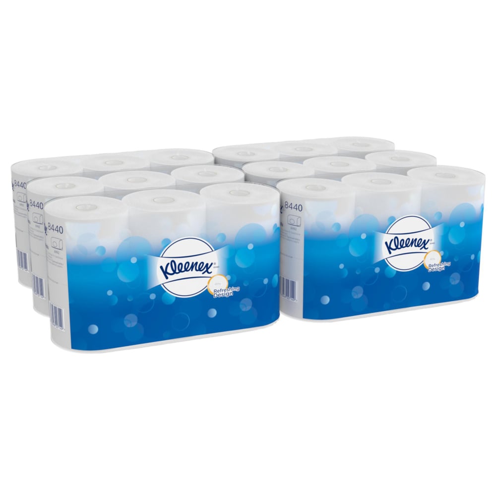Δύο συσκευασίες Kleenex® χαρτί υγείας Standard Λευκό (6 συσκευασίες x 6 μικρά ρολά x 350 φύλλα), από την Kimberly-Clark GmbH, απεικονίζονται σε μια μπλε-λευκή συσκευασία με το λογότυπο Kleenex και το σχέδιο με τις φυσαλίδες.
