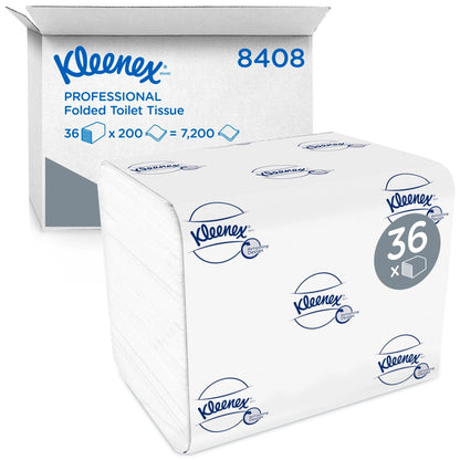 Ένα ανοιχτό κουτί με την επιγραφή "Kleenex® Χαρτί υγείας - Σύστημα μονών φύλλων / Λευκό / 200" της Kimberly-Clark GmbH δείχνει υψηλής ποιότητας χαρτί υγείας. Στην μπροστινή πλευρά υπάρχει μια συσκευασμένη συσκευασία με το λογότυπο Kleenex και την επιγραφή "36 x 200 = 7.200" στο κουτί.