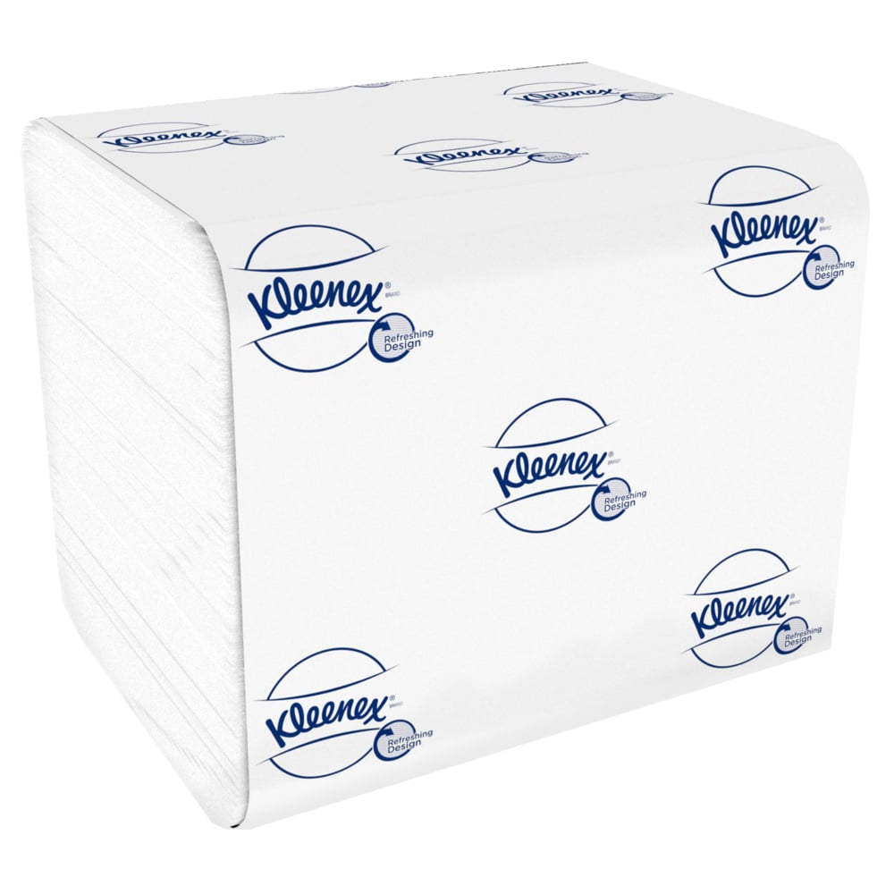 Ένας σωρός λευκό χαρτί υγείας Kleenex® μονών φύλλων της Kimberly-Clark GmbH, 36 συσκευασίες x 200 φύλλα, σε μπλε-λευκή συσκευασία μάρκας σε μονόχρωμο φόντο.