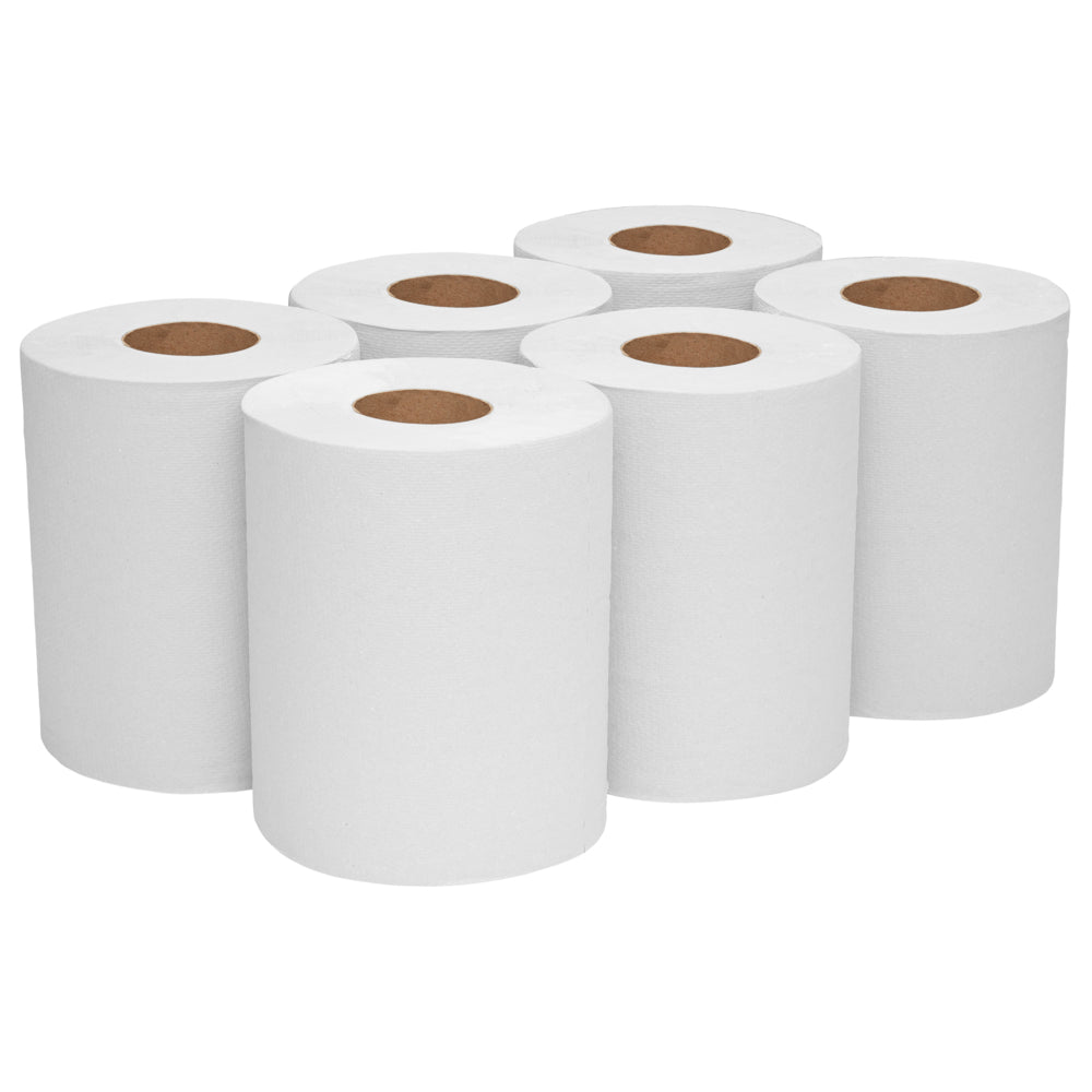 Έξι όρθιοι κύλινδροι χαρτοπετσέτας WypAll® L10 της Kimberly-Clark GmbH, ο καθένας με καφέ πυρήνα για κεντρική ανάληψη, είναι τοποθετημένοι σε δύο σειρές των τριών σε λευκό φόντο - ιδανικοί για καθαρισμό στην εξυπηρέτηση & το λιανικό εμπόριο (6 κύλινδροι x 390 φύλλα).