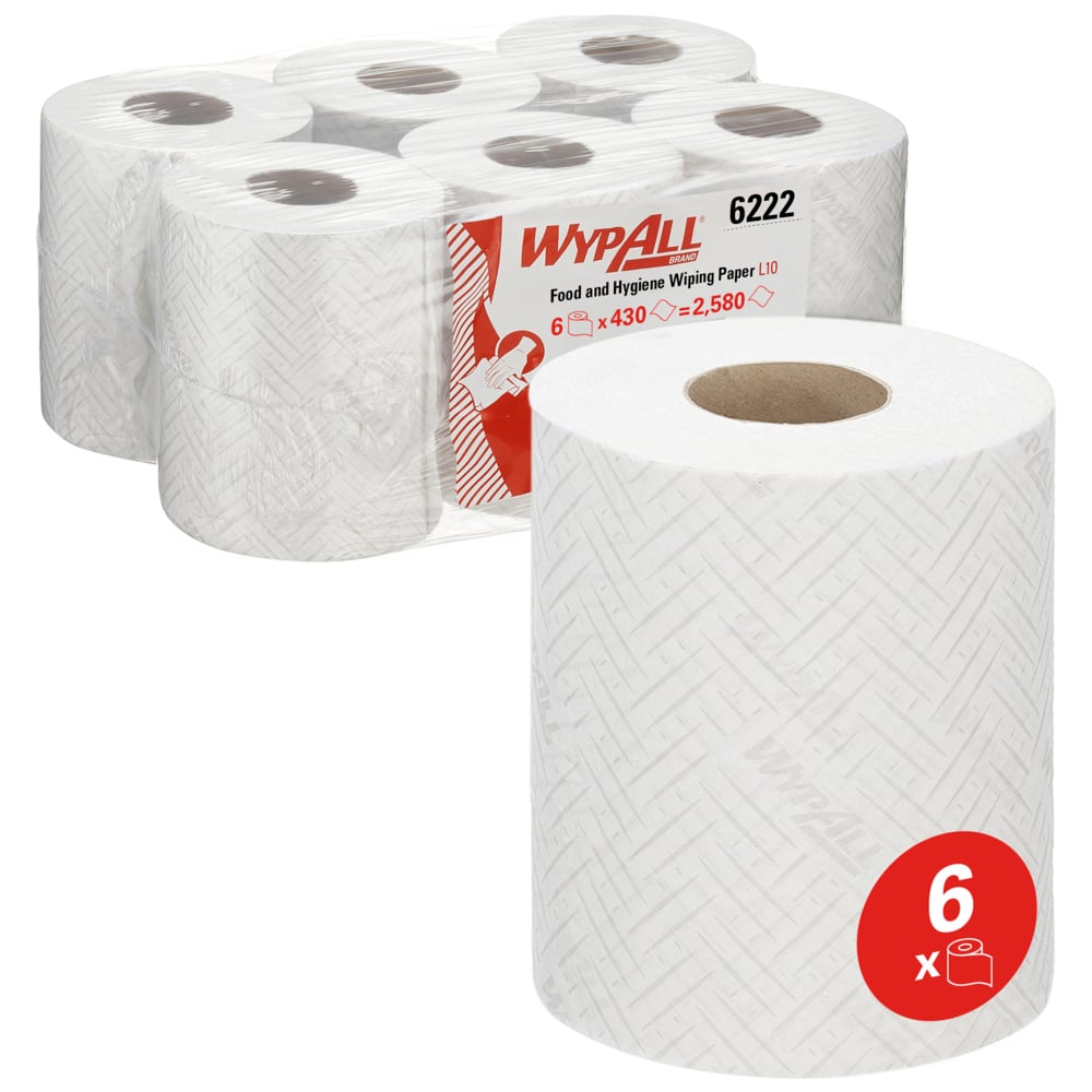 Απεικονίζονται έξι ρολά WypAll® Reach™ χαρτοπετσέτας για τρόφιμα & υγιεινή - Κεντρική λήψη από την Kimberly-Clark GmbH: ένα μπροστά, πέντε συσκευασμένα πίσω. Κάθε ρολό περιέχει 430 φύλλα, ιδανικά για χρήση στην υγιεινή και την επεξεργασία τροφίμων.