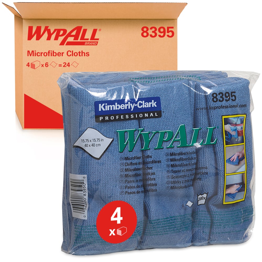 Eine Packung mit vier blauen WypAll® Mikrofasertüchern (flaches Tuch, 40 x 40 cm) der Kimberly-Clark GmbH ist in einer durchsichtigen Verpackung vor einem braunen Karton mit der Aufschrift "WypAll 8395" abgebildet. Jedes Mikrofasertuch misst etwa 15,75 x 15,75 cm.