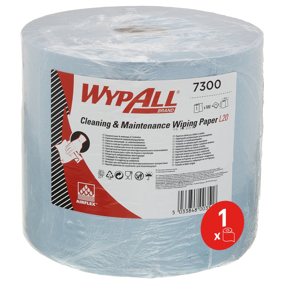 Το χαρτί καθαρισμού WypAll® L20 για εργασίες συντήρησης Μεγάλος ρολός σε μπλε χρώμα από την Kimberly-Clark GmbH περιέχει 1 ρολό με 500 φύλλα, είναι συσκευασμένο σε μεμβράνη και φέρει ετικέτα με πληροφορίες προϊόντος· ένα κόκκινο σύμβολο υποδεικνύει το περιεχόμενο της μονής ρολής.
