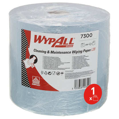 Το χαρτί καθαρισμού WypAll® L20 για εργασίες συντήρησης Μεγάλος ρολός σε μπλε χρώμα από την Kimberly-Clark GmbH περιέχει 1 ρολό με 500 φύλλα, είναι συσκευασμένο σε μεμβράνη και φέρει ετικέτα με πληροφορίες προϊόντος· ένα κόκκινο σύμβολο υποδεικνύει το περιεχόμενο της μονής ρολής.