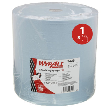 Die WypAll® L30 Großrolle von Kimberly-Clark GmbH ist ein extra breites, hellblaues Papierwischtuch für industrielle Reinigungsaufgaben. Eine Rolle (1 x 670 Tücher) im Karton, klar verpackt mit Produktlabel und Barcode.