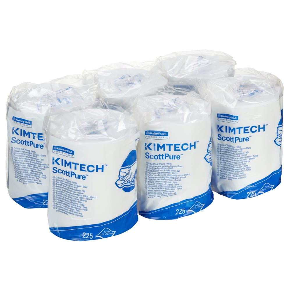 Οι έξι ρολά Kimtech® Wischtücher - Κεντρική εξαγωγή της Kimberly-Clark GmbH με 225 λευκά φύλλα το καθένα είναι συσκευασμένα σε ένα διαφανές πλαστικό περιτύλιγμα και φέρουν μπλε-λευκές ετικέτες που δείχνουν μια εικόνα χειροκίνητης εξαγωγής για αποτελεσματική κεντρική εξαγωγή.
