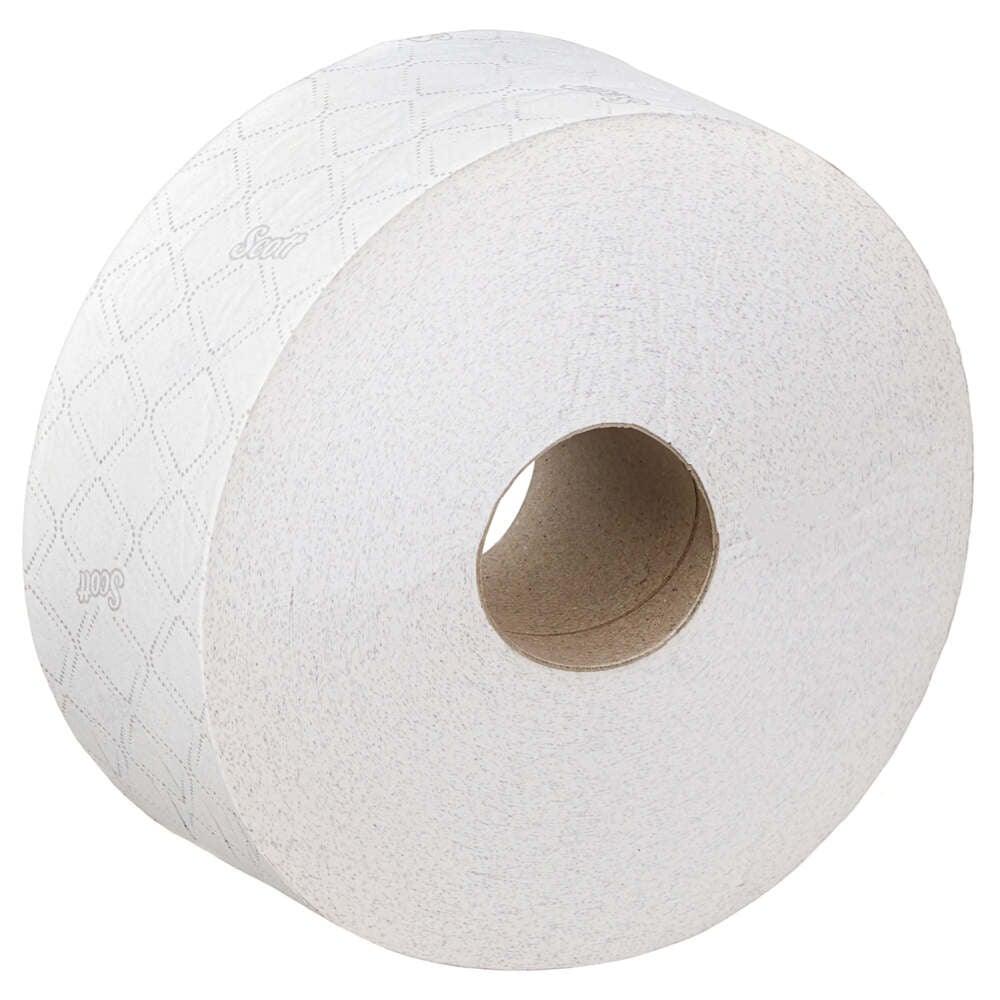 Ένας μεγάλος ρολός Scott® ESSENTIAL™ Jumbo χαρτί υγείας της Kimberly-Clark GmbH σε λευκό με σχέδιο ρόμβου και ορατό χαρτονένιο πυρήνα· η συσκευασία περιέχει 6 ρολούς με 1.053 φύλλα ο καθένας.