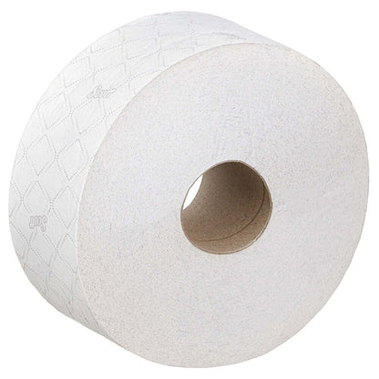 Ένας μεγάλος ρολός Scott® ESSENTIAL™ Jumbo χαρτί υγείας της Kimberly-Clark GmbH σε λευκό με σχέδιο ρόμβου και ορατό χαρτονένιο πυρήνα· η συσκευασία περιέχει 6 ρολούς με 1.053 φύλλα ο καθένας.