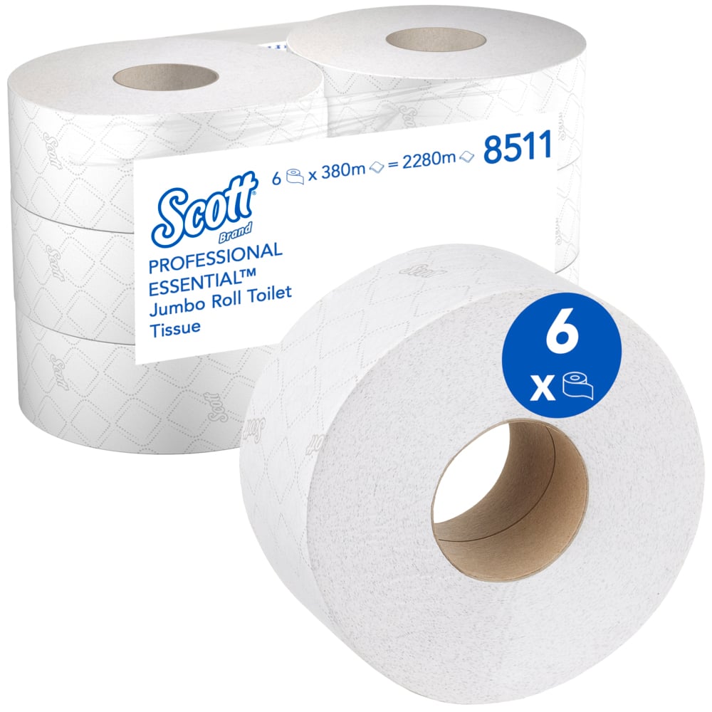 Scott® Essential™ Χαρτί Υγείας Maxi Jumbo από την Kimberly-Clark GmbH: 6 λευκά ρολά (380 φύλλα/ρολό) σε ένα κουτί, το καθένα με ένα σχέδιο ραφής. Στη συσκευασία αναγράφονται όλες οι λεπτομέρειες του προϊόντος και "6 ρολά" για εύκολη αναγνώριση.