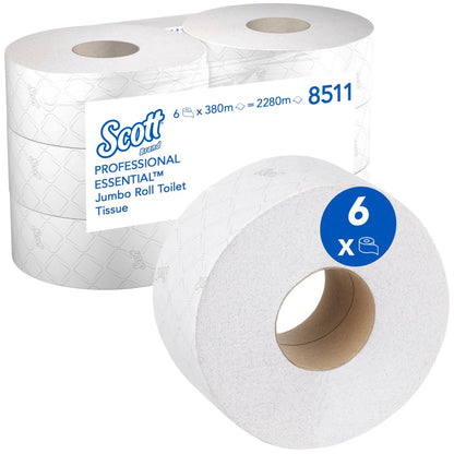 Scott® Essential™ Χαρτί Υγείας Maxi Jumbo από την Kimberly-Clark GmbH: 6 λευκά ρολά (380 φύλλα/ρολό) σε ένα κουτί, το καθένα με ένα σχέδιο ραφής. Στη συσκευασία αναγράφονται όλες οι λεπτομέρειες του προϊόντος και "6 ρολά" για εύκολη αναγνώριση.