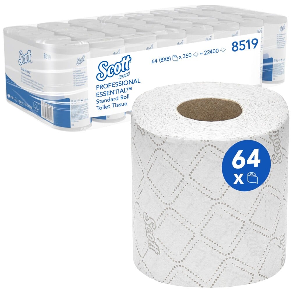 Το χαρτί υγείας Scott® Essential™ της Kimberly-Clark GmbH περιέχει 8 συσκευασίες με 8 μικρά ρολά η καθεμία, συνολικά 64 ρολά με 350 φύλλα ανά ρολό. Ένα ρολό απεικονίζεται στην μπροστινή πλευρά και η συσκευασία αναδεικνύει το branding και τις ποσότητες.