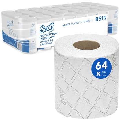 Το χαρτί υγείας Scott® Essential™ της Kimberly-Clark GmbH περιέχει 8 συσκευασίες με 8 μικρά ρολά η καθεμία, συνολικά 64 ρολά με 350 φύλλα ανά ρολό. Ένα ρολό απεικονίζεται στην μπροστινή πλευρά και η συσκευασία αναδεικνύει το branding και τις ποσότητες.