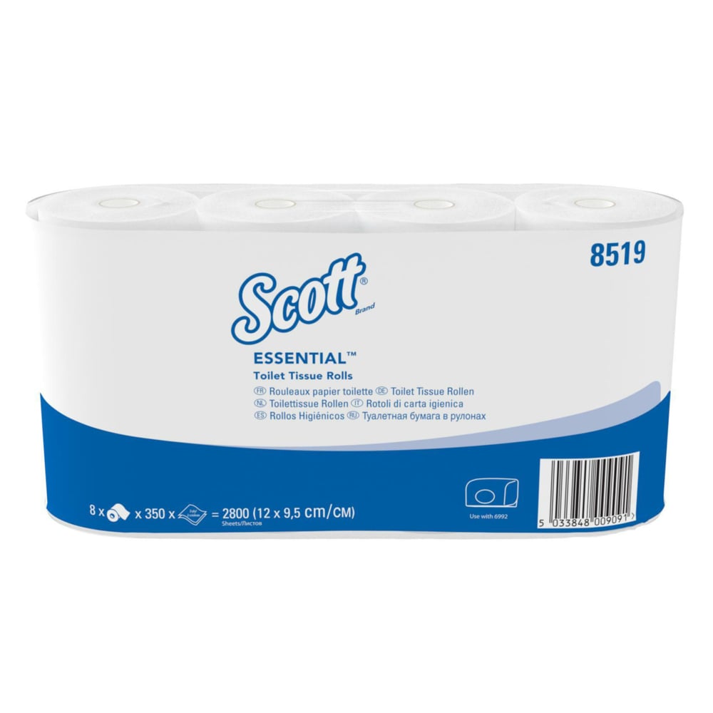 Χαρτί υγείας Scott® Essential™ της Kimberly-Clark GmbH: 8 συσκευασίες με 8 μικρά ρολά των 350 φύλλων η καθεμία, συνολικά 64 ρολά (22.400 φύλλα) ανά κουτί - για αξιόπιστη υγιεινή στην καθημερινότητα.
