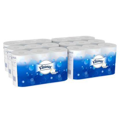 Το χαρτί υγείας Kleenex® από την Kimberly-Clark GmbH περιέχει 6 πακέτα με 6 λευκά ρολά το καθένα (600 φύλλα ανά ρολό), δηλαδή συνολικά 36 ρολά ανά κουτί. Η μπλε συσκευασία δείχνει το λογότυπο Kleenex και σχέδια με λευκές φυσαλίδες.