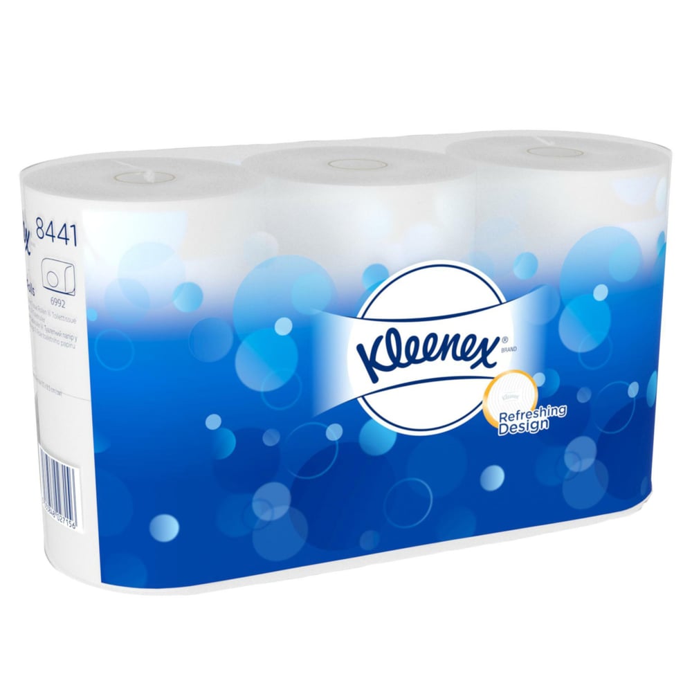Χαρτί υγείας Kleenex® Standard σε λευκό, 6 πακέτα x 6 μικρά ρολά με 600 φύλλα ανά κουτί από την Kimberly-Clark GmbH. Μαλακό, αναζωογονητικό χαρτί υγείας σε λευκό σχέδιο με μπλε φυσαλίδες και λογότυπο Kleenex.