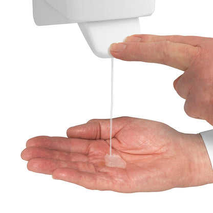 Ένας χρήστης διανέμει το Scott® Anti Bac Foam Soap (1 L, κασέτα, διαφανής) από μια τοίχου συσκευή της Kimberly-Clark GmbH στον χώρο πλυσίματος χεριών με έμφαση στην υγιεινή και την υγιεινή των χεριών. Συσκευασία: 6 κασέτες ανά κουτί (6 φυσίγγια).