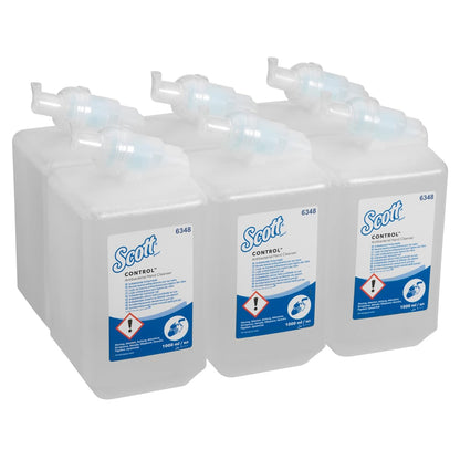 Έξι διαφανείς κασέτες 1 λίτρου του Scott® Anti Bac Foam Soap από την Kimberly-Clark GmbH, απεικονισμένες σε λευκό φόντο - ιδανικές για χώρους πλυσίματος που χρειάζονται αντιβακτηριακό αφρό σαπούνι.