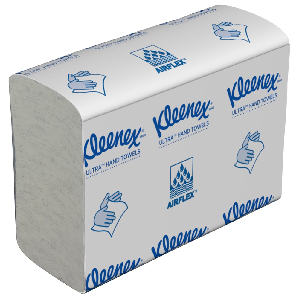 Ein Stapel Kleenex® Ultra™ Handtücher MultiFold in Weiß, 18 Clips x 150 Blatt pro Karton (18 Päckchen), von Kimberly-Clark GmbH-hochwertige Papierhandtücher für jeden Waschraum.