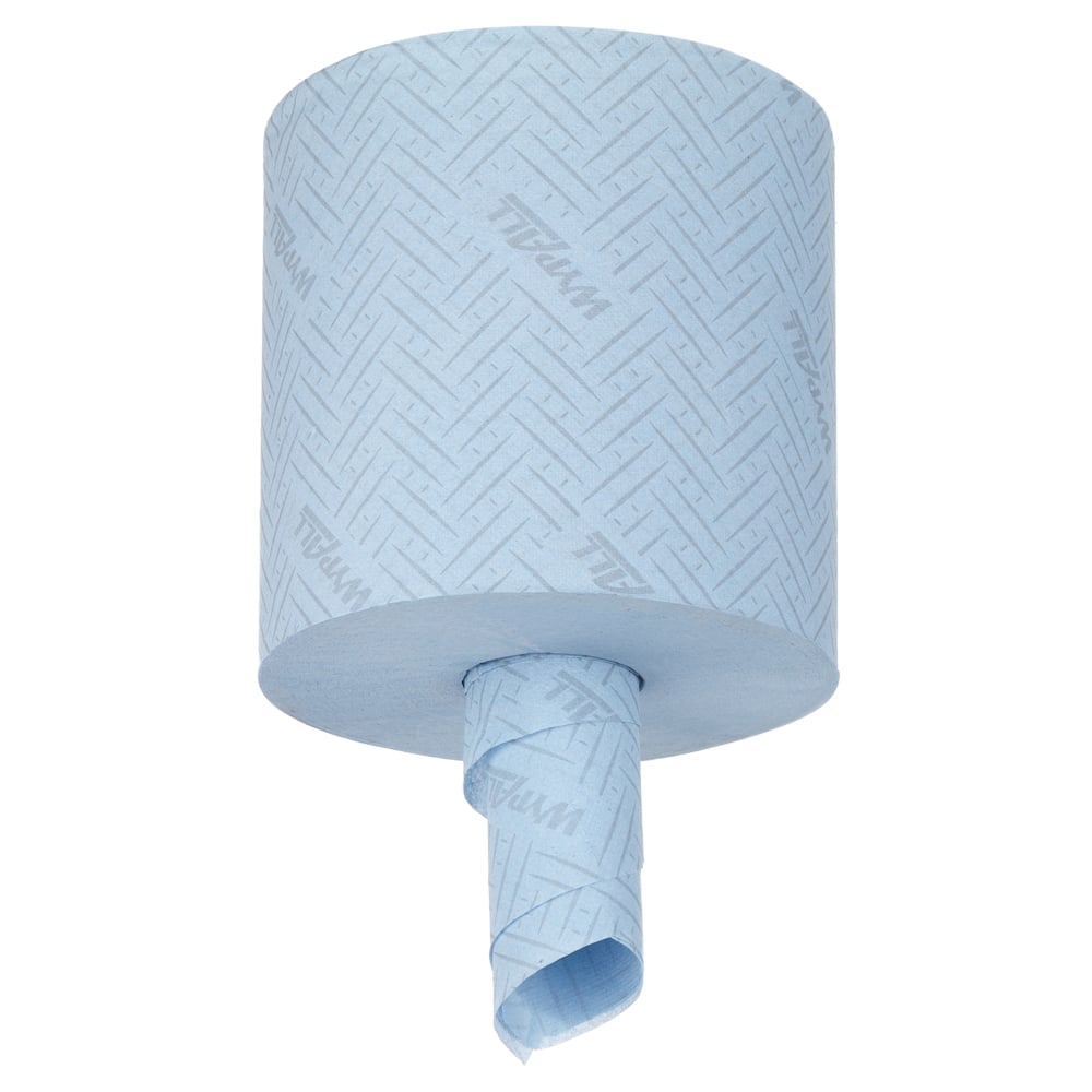 Ένα μεγάλο μπλε WypAll® L10 χαρτοπετσέτα από την Kimberly-Clark GmbH στέκεται όρθιο, διάτρητο και εν μέρει ξετυλιγμένο από το κέντρο. Αυτό το ρολό καθαρισμού κεντρικής τροφοδοσίας είναι σχεδιασμένο για χρήση στον τομέα των τροφίμων και της υγιεινής, με 6 ρολά x 630 φύλλα ανά κουτί.