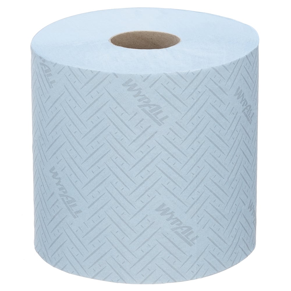 Μια συσκευασία με 6 μπλε WypAll® L10 χαρτοπετσέτες κεντρικής τροφοδοσίας (630 φύλλα η καθεμία) από την Kimberly-Clark GmbH, με μοτίβο Chevron και καφέ χάρτινο πυρήνα - ιδανικό για τον τομέα των τροφίμων και της υγιεινής.