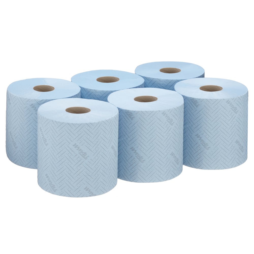 Έξι μπλε ρολά WypAll® L10 χαρτοπετσέτας Centrefeed από την Kimberly-Clark GmbH απεικονίζονται σε δύο σειρές των τριών. Κάθε ρολό έχει μοτίβο ψαροκόκαλου με ορατό κενό πυρήνα, ιδανικό για χρήση στον τομέα των τροφίμων και της υγιεινής (6 x 630 φύλλα).