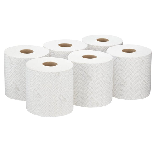 Sechs WypAll® L10 Papierwischtuch-Rollen von Kimberly-Clark GmbH, jede weiß mit 630 Blatt, sind sauber angeordnet - ideal für Lebensmittel und Hygiene. Zentrumsgeführte Ausführung. Wird als 6 Rollen pro Karton geliefert.