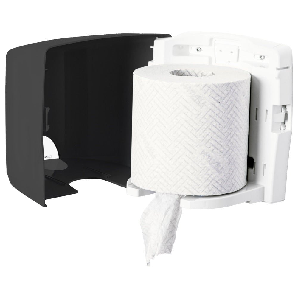 Ο διανομέας πετσετών Kimberly-Clark GmbH Aquarius™ - Roll Control σε γκρι είναι ένας τοίχου διανομέας με ανοιχτό μαύρο καπάκι, εξοπλισμένος με το σύστημα Roll Control για καθαρή, ολοκληρωμένη έκδοση - ιδανικός για επαγγελματική χρήση.