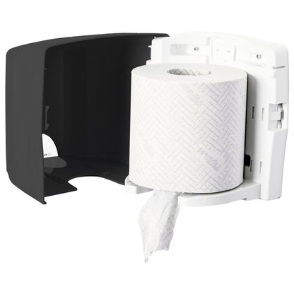 Ο διανομέας πετσετών Kimberly-Clark GmbH Aquarius™ - Roll Control σε γκρι είναι ένας τοίχου διανομέας με ανοιχτό μαύρο καπάκι, εξοπλισμένος με το σύστημα Roll Control για καθαρή, ολοκληρωμένη έκδοση - ιδανικός για επαγγελματική χρήση.