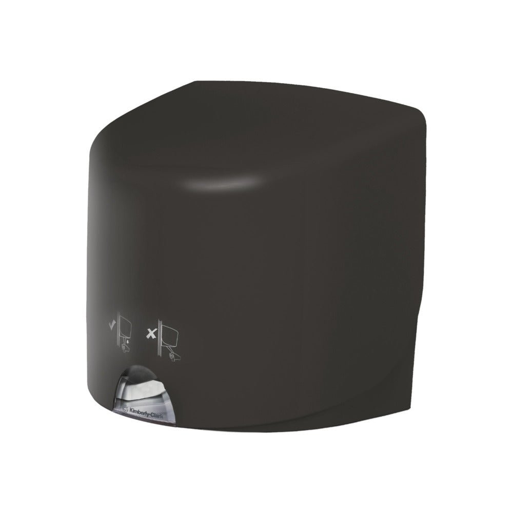 Ένας γκρι διανομέας πετσετών Aquarius™ - Roll Control από την Kimberly-Clark GmbH στέκεται μπροστά από ένα λευκό φόντο, με ένα μικρό παράθυρο με ορατή χάρτινη πετσέτα και απλές οδηγίες χρήσης στο μπροστινό μέρος, σχεδιασμένος για επαγγελματική χρήση.