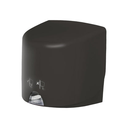 Ένας γκρι διανομέας πετσετών Aquarius™ - Roll Control από την Kimberly-Clark GmbH στέκεται μπροστά από ένα λευκό φόντο, με ένα μικρό παράθυρο με ορατή χάρτινη πετσέτα και απλές οδηγίες χρήσης στο μπροστινό μέρος, σχεδιασμένος για επαγγελματική χρήση.