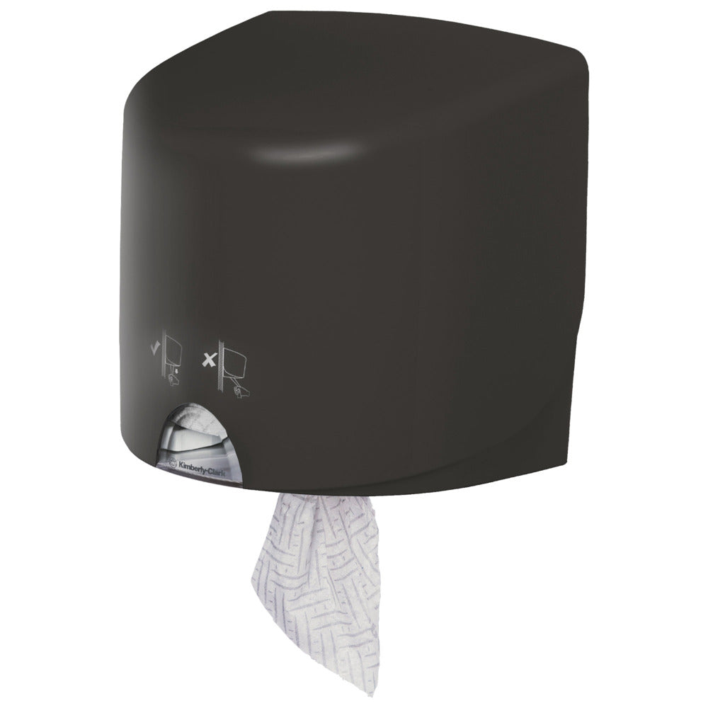 Ein grauer Aquarius™ Wischtuch-Spender - Roll Control Wandspender von Kimberly-Clark GmbH, mit einem einzelnen Handtuch, das teilweise gespendet wird, und Hinweissymbolen auf der Vorderseite - ideal für den professionellen Einsatz.