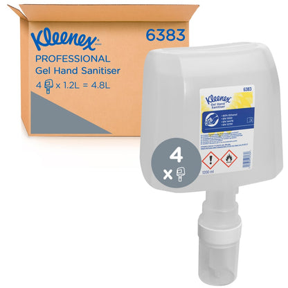 Ένα κουτί με την επιγραφή "Kleenex® Extra Gel Απολύμανση Χεριών" της Kimberly-Clark GmbH περιέχει 4 διαφανείς ηλεκτρονικές κασέτες 1,2 λίτρων για την υγιεινή των χεριών. κάθε κασέτα περιέχει πληροφορίες για τη χρήση και την ασφάλεια στην ετικέτα.
