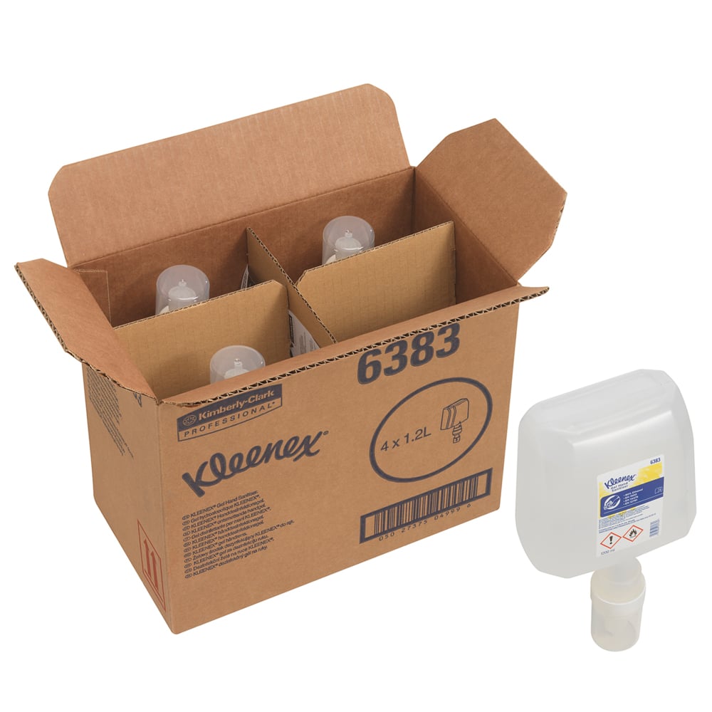 Ένα καφέ κουτί της Kimberly-Clark GmbH με την επιγραφή "Kleenex® Extra Gel Απολύμανση Χεριών 6383" περιέχει τέσσερις διαφανείς ηλεκτρονικές κασέτες αναπλήρωσης 1,2 λίτρων για την υγιεινή των χεριών. μία από αυτές εμφανίζει ένα λευκό ακροφύσιο και μια μπλε-κίτρινη ετικέτα έξω από το κουτί.