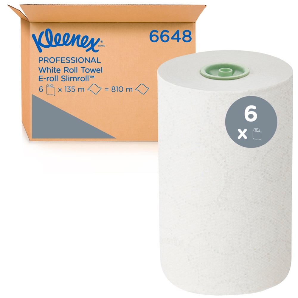 Ένα κουτί με την επιγραφή "Kleenex® Rollenhandtücher - E-roll Slimroll™ Weiß 1-ply" της Kimberly-Clark GmbH απεικονίζεται δίπλα σε ένα μεγάλο λευκό ρολό με πράσινο πυρήνα. Ένα σύμβολο "6x" δείχνει ότι το κουτί περιέχει 6 ρολά των 135 μέτρων το καθένα.
