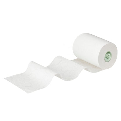 Ένα ρολό Kleenex® Rollenhandtücher E-roll Slimroll™, μονοστρώμα, λευκό, της Kimberly-Clark GmbH, απεικονίζεται με μερικά φύλλα ξετυλιγμένα για να δείξει το διακριτικό μοτίβο. Κάθε κουτί περιέχει έξι ρολά των 135 μέτρων (6 ρολά), που απεικονίζονται μπροστά από ένα λευκό φόντο.