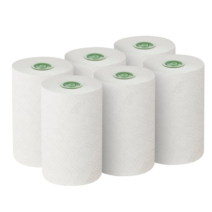 Έξι λευκά Scott® Essential™ ρολάκια E-roll Slimroll™ της Kimberly-Clark GmbH είναι τοποθετημένα σε δύο σειρές των τριών. Κάθε ρολό μιας στρώσης, μήκους 180 μ, έχει πράσινο πυρήνα και λεπτή υφή, ιδανική για αποδοτική χρήση. Το κουτί περιέχει 6 ρολά.