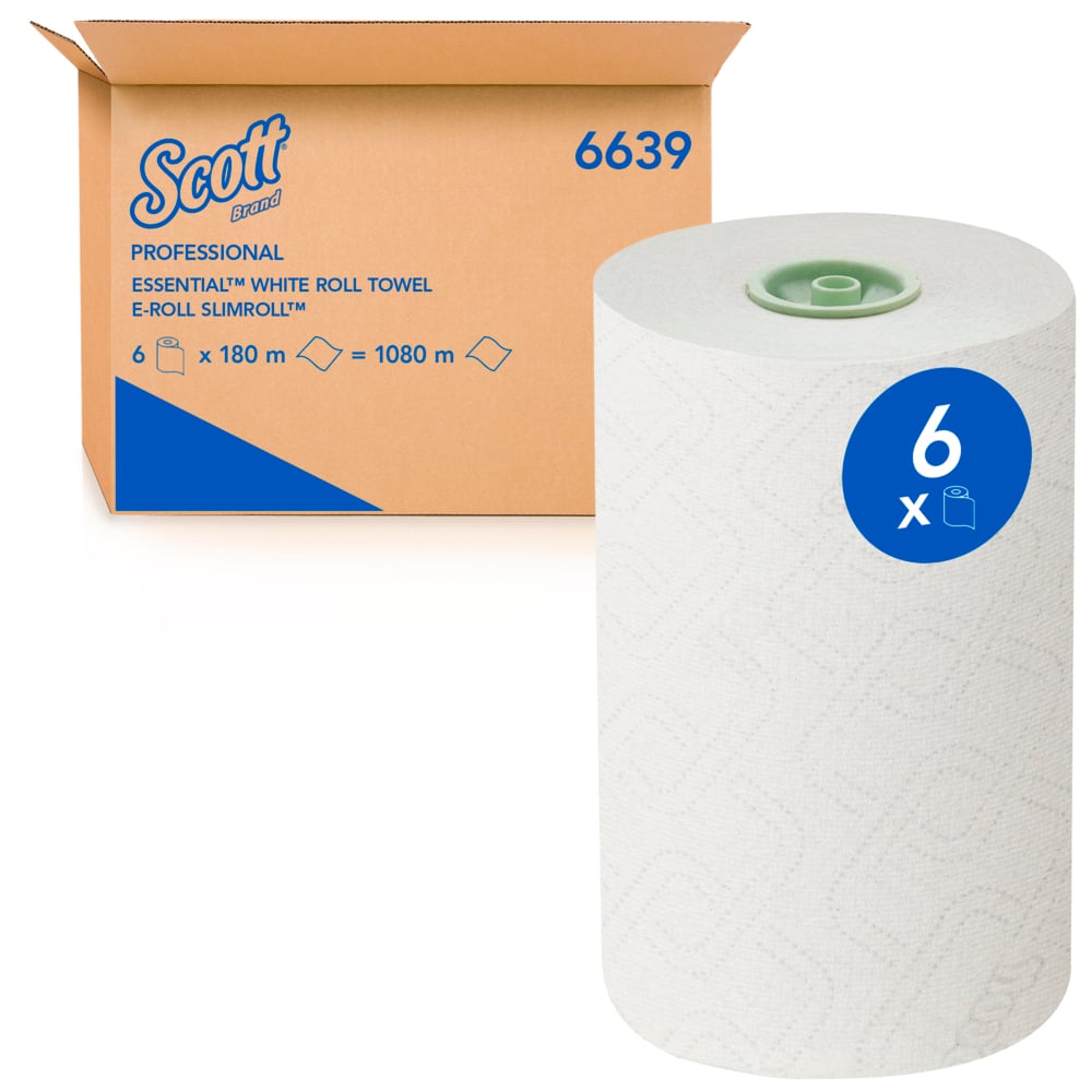 Ένα μεγάλο λευκό Scott® Essential™ E-roll Slimroll™ βρίσκεται μπροστά από ένα ανοιχτό κουτί από χαρτόνι της Kimberly-Clark GmbH. Ένα μπλε αυτοκόλλητο πάνω στον ρολό δείχνει "6x". Οι ρολάκια μιας στρώσης είναι διαθέσιμα σε συσκευασία 6x180μ.