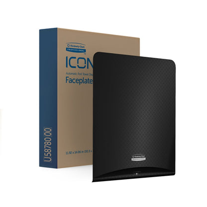 Η Kimberly-Clark GmbH Professional™ Icon™ Dispenser Faceplate - eHRT (33,02 cm x 37,47 cm x 3,18 cm) παρουσιάζεται με τη συσκευασία της - μια ιδανική λύση υγιεινής για σύγχρονα μπάνια.