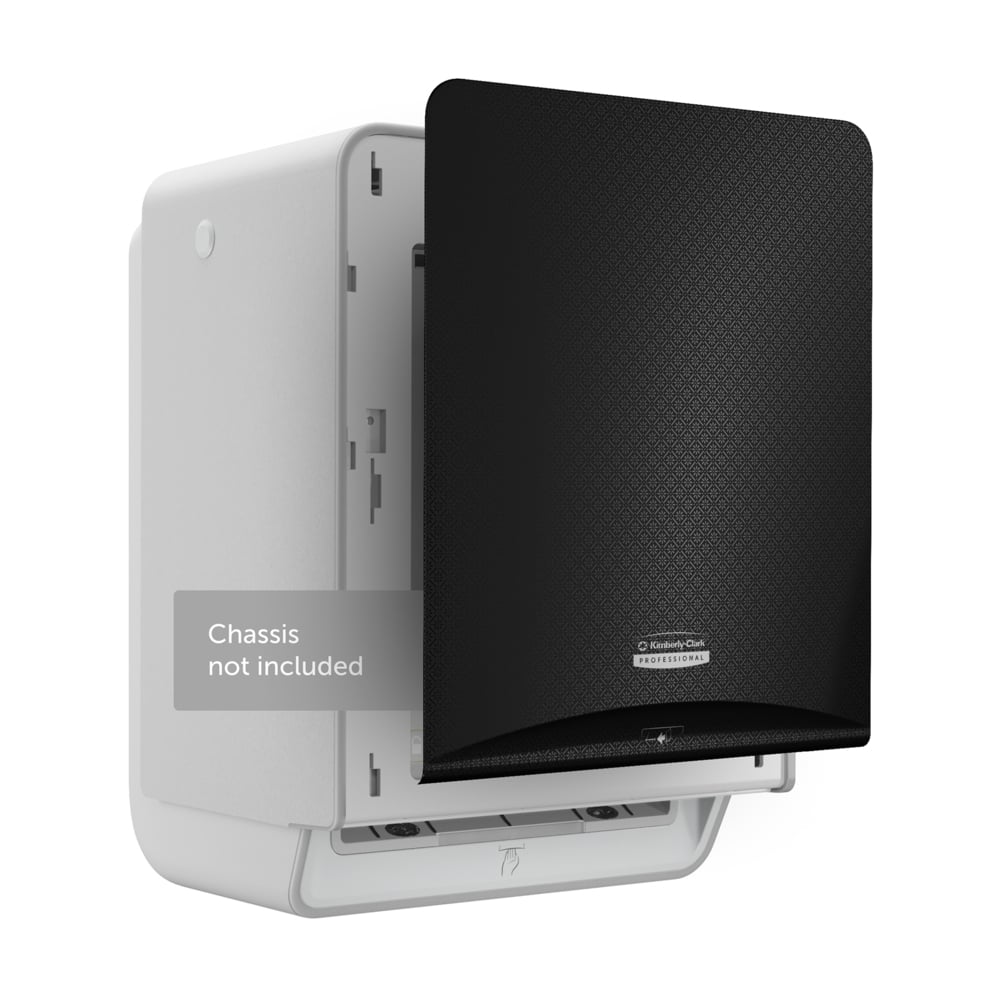 Μια Kimberly-Clark Professional™ Icon™ Dispenser Faceplate - eHRT (33,02 x 37,47 x 3,18 cm) της Kimberly-Clark GmbH απεικονίζεται μερικώς ανοιχτή σε λευκή βάση με την επιγραφή "Σασί δεν περιλαμβάνεται" και δείχνει ένα διακριτικό, υφασμένο μοτίβο σε λευκό φόντο.