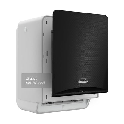 Μια Kimberly-Clark Professional™ Icon™ Dispenser Faceplate - eHRT (33,02 x 37,47 x 3,18 cm) της Kimberly-Clark GmbH απεικονίζεται μερικώς ανοιχτή σε λευκή βάση με την επιγραφή "Σασί δεν περιλαμβάνεται" και δείχνει ένα διακριτικό, υφασμένο μοτίβο σε λευκό φόντο.