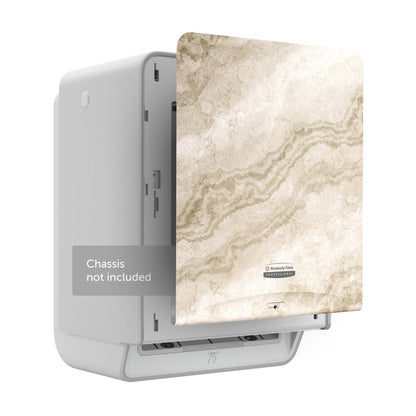 Η Kimberly-Clark Professional™ Icon™ Dispenser Faceplate - eHRT από την Kimberly-Clark GmbH, απεικονίζεται σε λευκό σασί (δεν περιλαμβάνεται), ξεχωρίζει με ένα κομψό μπεζ και ανοιχτό καφέ μαρμάρινο μοτίβο. Μέγεθος: 33,02 cm x 37,47 cm x 3,18 cm.