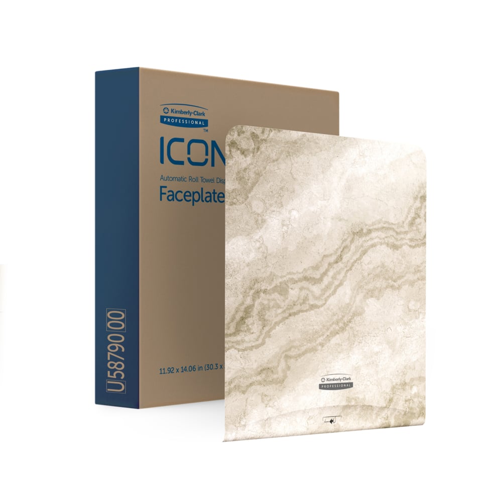 Μια ορθογώνια, μαρμάρινη, μπεζ Kimberly-Clark Professional™ Icon™ πρόσοψη διανομέα (33,02 x 37,47 x 3,18 cm) της Kimberly-Clark GmbH στέκεται μπροστά από ένα μπλε-καφέ κουτί ICON για αυτόματες πετσέτες ρολού - ιδανικό για τις ανάγκες σας σε υγιεινή.
