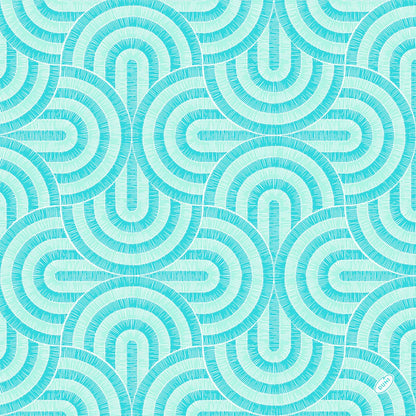 Ένα συνεχές γεωμετρικό μοτίβο από αλληλοεπικαλυπτόμενα ημικύκλια σε χρώμα τιρκουάζ και λευκό με λεπτές γραμμές ακτινοβολίας, ιδανικό για τις χαρτοπετσέτες Dunisoft-Serv. 40x40cm της Duni GmbH.