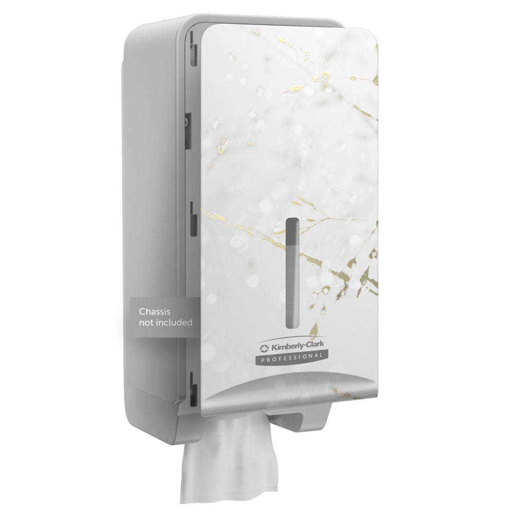 Μια Kimberly-Clark Professional™ Icon™ Dispenser Faceplate - FTT (27,80 x 13,10 x 1,40 cm) σε λευκό και χρυσό μάρμαρο, της Kimberly-Clark GmbH, τοποθετείται στον τοίχο, ενώ ένα λευκό χαρτομάντιλο διανέμεται μερικώς· "Chassis δεν περιλαμβάνεται." Ιδανικό για διακόσμηση τουαλέτας.