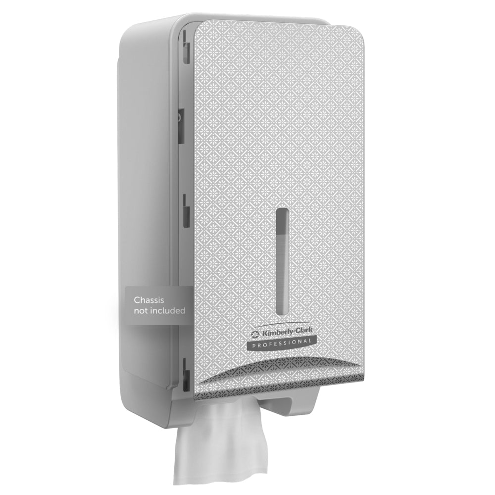Η Kimberly-Clark Professional™ Icon™ Dispenser Faceplate - FTT της Kimberly-Clark GmbH (27,80 cm x 13,10 cm x 1,40 cm) διαθέτει μια πρόσοψη με σχέδιο, μια σχισμή για το χαρτί, έναν διανομέα πετσέτας και την επιγραφή "Chassis not included". Ιδανική για υψηλής ποιότητας διακόσμηση τουαλέτας.