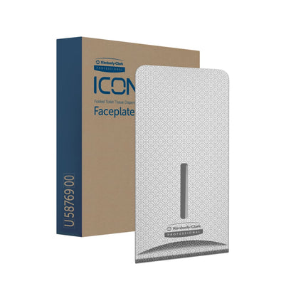Μια γκρι με σχέδιο Kimberly-Clark Professional™ Icon™ Dispenser Faceplate - FTT (27,80 x 13,10 x 1,40 cm) της Kimberly-Clark GmbH στέκεται μπροστά από τη συσκευασία της με την επιγραφή "ICON Folded Toilet Tissue Dispenser Faceplate" και ταιριάζει τέλεια σε κάθε διακόσμηση τουαλέτας.