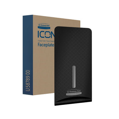 Μια μαύρη Kimberly-Clark Professional™ Icon™ Dispenser Faceplate - FTT (27,80 x 13,10 x 1,40 cm) της Kimberly-Clark GmbH φαίνεται μπροστά από τη καφέ-μπλε συσκευασία με την επιγραφή "Folded Toilet Tissue Dispenser Faceplate", που είναι ιδανική για σύγχρονες τουαλέτες.